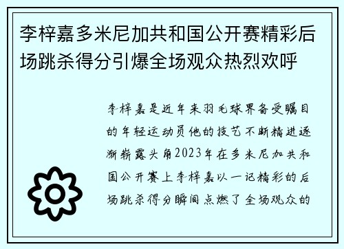 李梓嘉多米尼加共和国公开赛精彩后场跳杀得分引爆全场观众热烈欢呼
