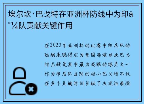 埃尔坎·巴戈特在亚洲杯防线中为印尼队贡献关键作用