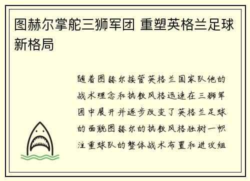 图赫尔掌舵三狮军团 重塑英格兰足球新格局